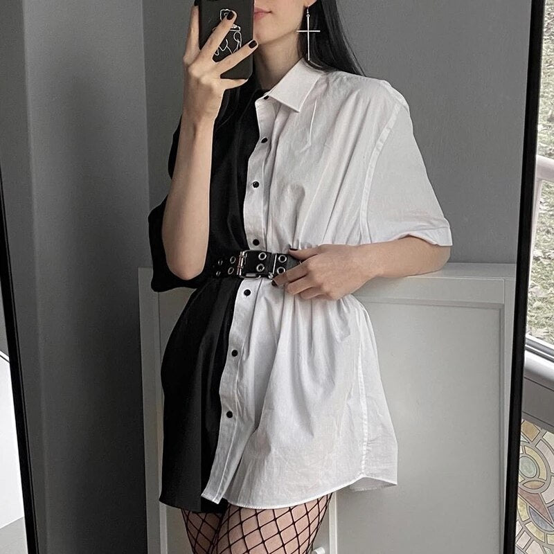 Streetwear Black White Long Blouse Shirt Patchwork Contrast Color  Fashion Women Blouses Tops Loose Cardigan Sale