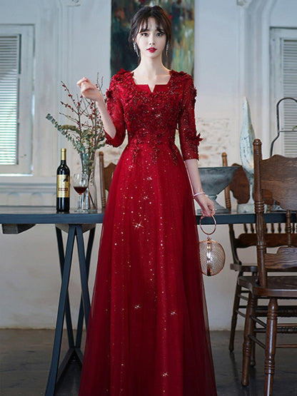 Wine Red Evening Dresses With 3/4 Sleeves Luxury Appliques A-line Floor-length Women Formal Gowns For Wedding Long