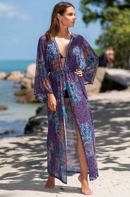 -Fall Outfits Long Sleeve Top   Purple Bohemian Printed Long Sleeve Self Belted Tassel Plus Size Beachwear Kimono Tunic Women Tops And Blouses Shirts Q1237