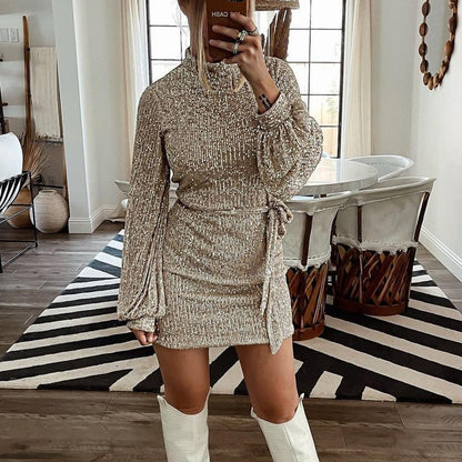 vmtvr - Autumn Winter Elegant Solid Sequin Party Dress Women Casual Long Sleeve A-Line Dress Lady Fashion Shiny Loose Mini Dress Vestido