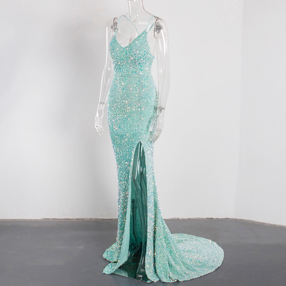 Luxury Mint Sequin Slip Lace Up Long Cocktail Party Dress Backless Hollow Out Velvet V Neck Maxi Gown Celebrity Women Summer