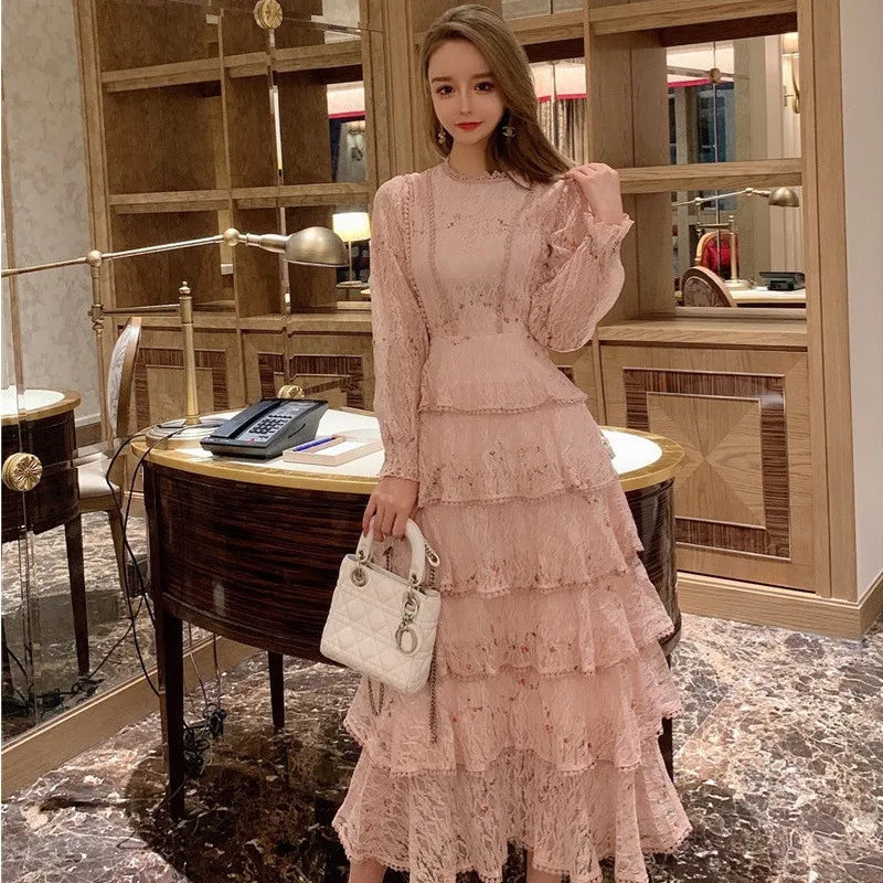 vmtvr Summer Lace Flower Embroidery Long Cake Dress Women A-Line Long Sleeve Six Layers Ruffles Dress Runway Elegant Party Dress