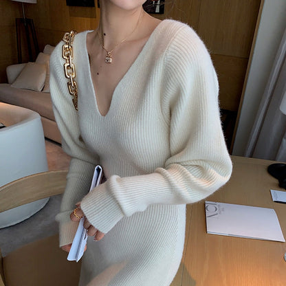 vmtvr - Elegant Long White Knitting Dress Women Winter V-Neck Long Sleeve Bodycon Dress Korean Office Lady High Waist Vintage Dress