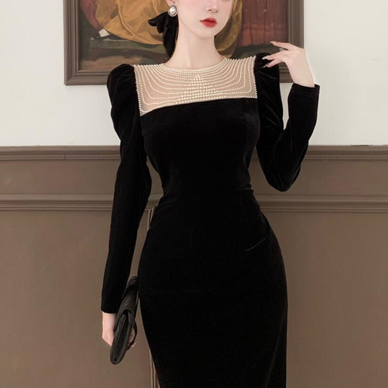 vmtvr - Black Elegant Evening Midi Dress Women Bodycon France Vintage Velvet Party Dress Ladies Korean Fashion Chic Dresses Autumn