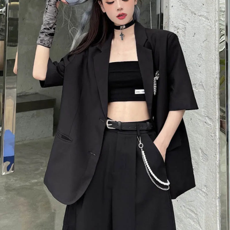 vmtvr Black Gothic Women Thin Blazers Summer Short Sleeve Fashion Button Up Long Jacket High Street Korean Female Coats  New