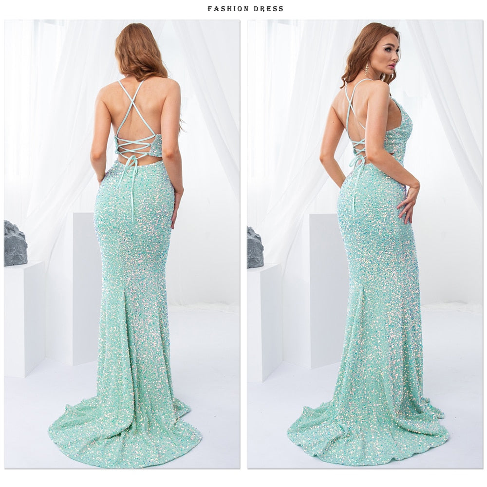 Luxury Mint Sequin Slip Lace Up Long Cocktail Party Dress Backless Hollow Out Velvet V Neck Maxi Gown Celebrity Women Summer