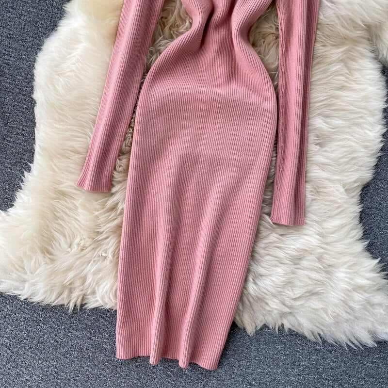 Sweater Dress Winter Turtleneck Warm Long Sleeve Knit Dress Korean Fashion Casual Solid Women Midi Bodycon Dress