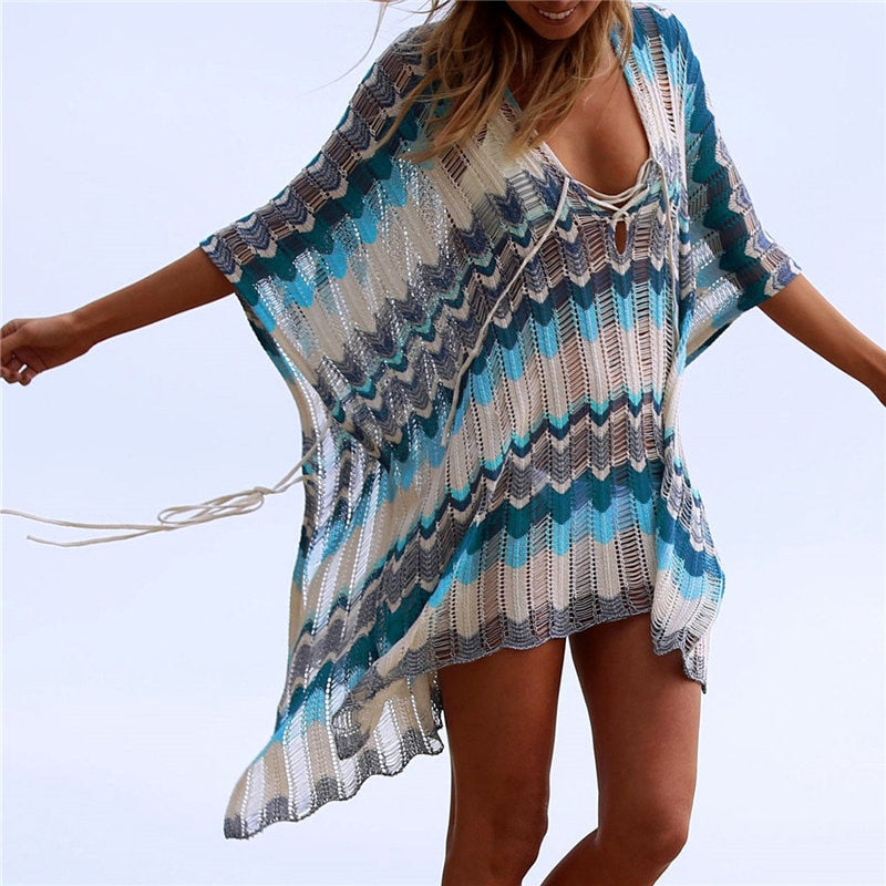 Casual V-Neck Batwing Sleeve Tassel Summer Women Tops Blouses Sexy Lace Up Side Split Women Beachwear Crochet Tunic Q828