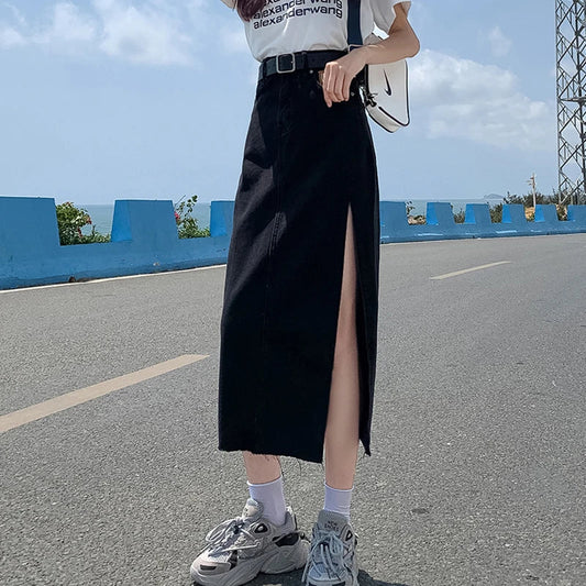 vmtvr High Waist Women Denim Skirt Split Fashion A Line Streetwear Jeans Long Skirt Korean Black Summer Causal Ladies Faldas