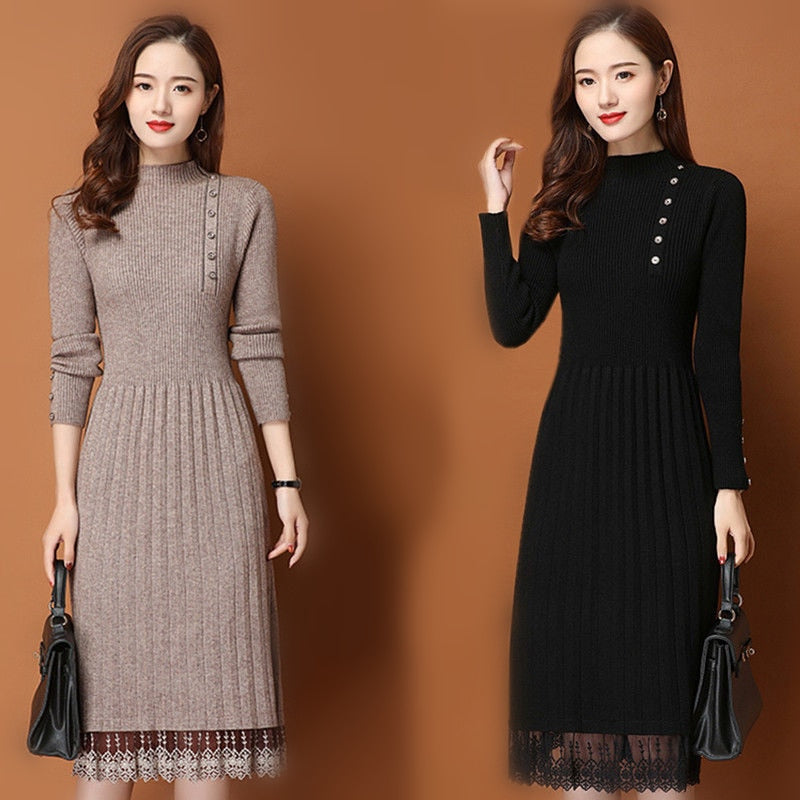 vmtvr - Lace Hem Buttons Women Autumn Winter Sweater Knitted a line Dresses Ribbed Slim Elastic Long Sleeve Lady Bodycon Midi Dresses