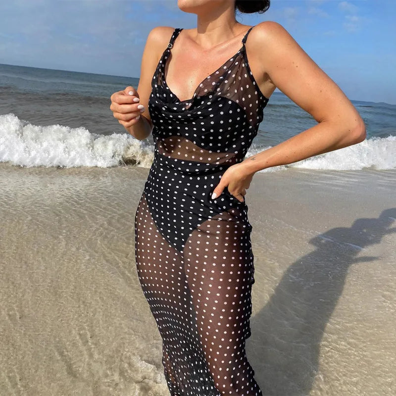 vmtvr Spaghetti Strap Polka Dot Maxi Dresses Sexy Backless Women Dresses Party Club Black Mesh See Through Dress Elegant