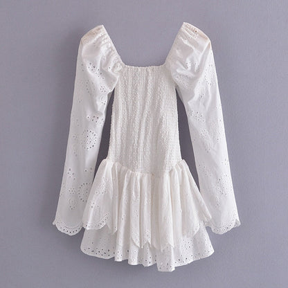 vmtvr 2023 Summer Autumn Long Sleeve Elegant Embroidery Mini Dress Women Long Sleeve Cotton Smocked Bodice Sexy Woman Dress