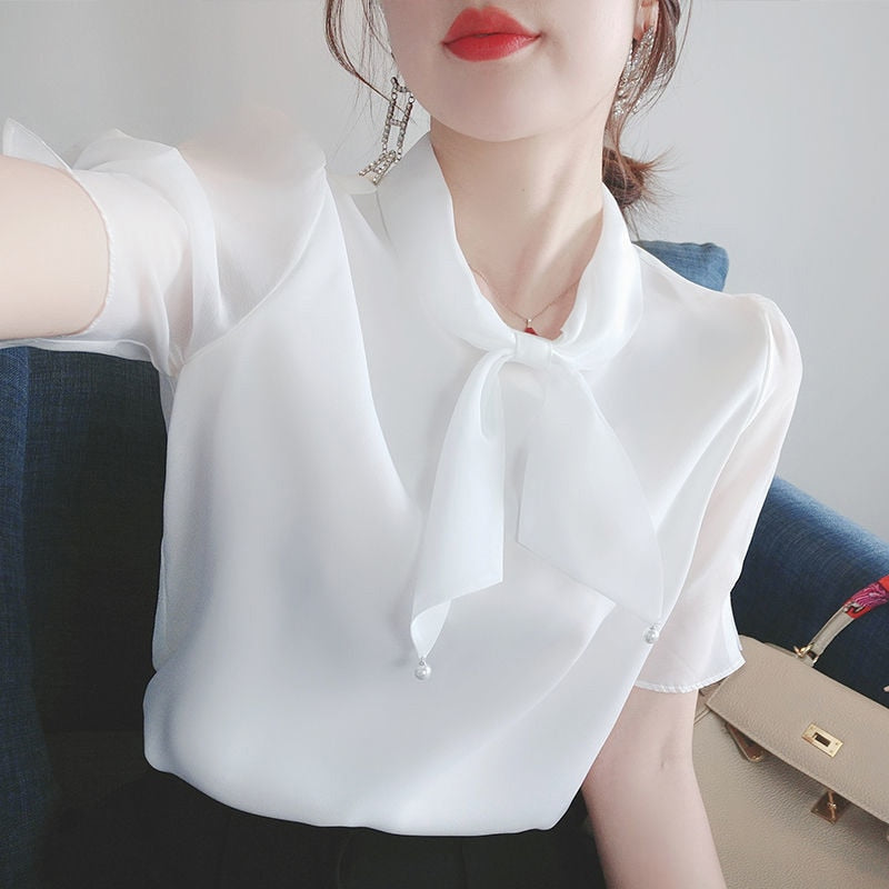 Women Summer Chiffon Blouses Shirts Lady Casual Bow Tie Collar Short Puff Sleeve Chiffon Blusas Tunic Tops DD9122