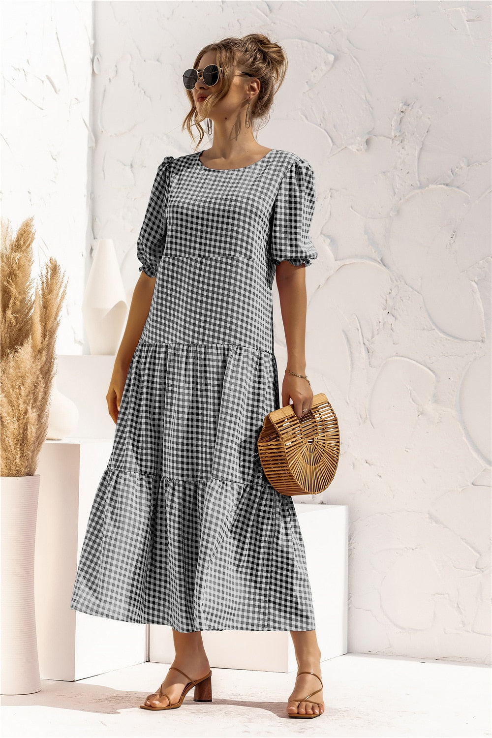 Summer Polka Dot Plaid Print Robe Maxi Dress Women Elegant Puff Sleeve Casual Patchwork Loose Holiday Party Long Vestidos