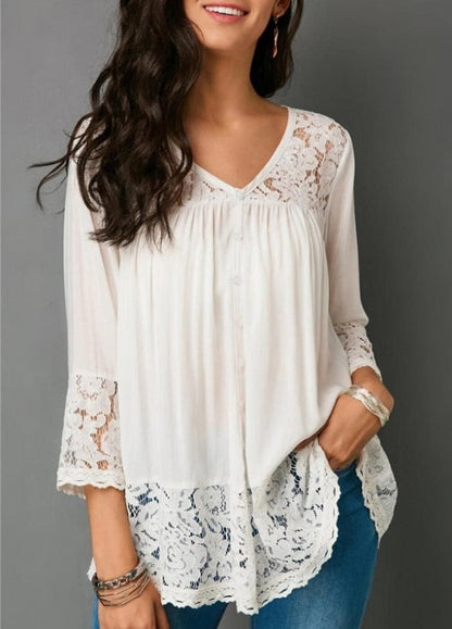 Large size lace women blouse shirt casual loose women shirts fashion V-neck five-point sleeve women blouse summer