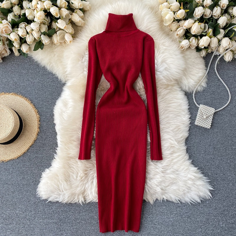 Sweater Dress Winter Turtleneck Warm Long Sleeve Knit Dress Korean Fashion Casual Solid Women Midi Bodycon Dress