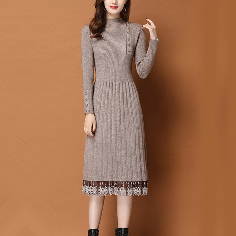 vmtvr - Lace Hem Buttons Women Autumn Winter Sweater Knitted a line Dresses Ribbed Slim Elastic Long Sleeve Lady Bodycon Midi Dresses