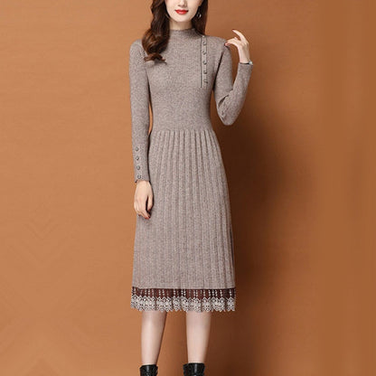 vmtvr - Lace Hem Buttons Women Autumn Winter Sweater Knitted a line Dresses Ribbed Slim Elastic Long Sleeve Lady Bodycon Midi Dresses