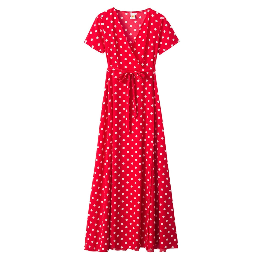 Summer Ladies Long Split Dress Polka dot Beach Dress Maxi Dress Women Evening Party Dress Floor-length Beach Hobo Sundress