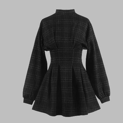 vmtvr - Goth Dress Gothic Harajuku Vintage Plaid Wrap Balck Mini Dress Retro Pleated Punk Long Sleeve Dark Emo Aesthetic Kpop