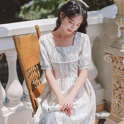 vmtvr French Puff Sleeve Fairy Dress Women Vintage Sweet Party Floral Long Dress Female Summer Chiffon Korean Bandage Dresses New