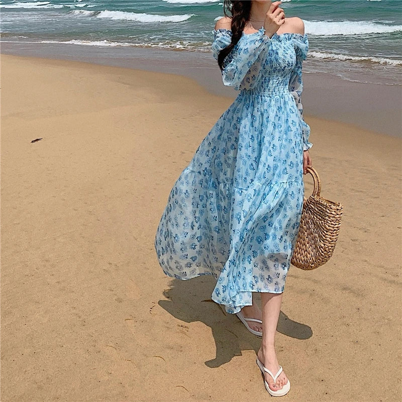 vmtvr Design Floral Dress Women Summer Puffer Sleeve Beach One Piece Dress Korean Elegant Vintage Dress Female Chic Square Collar