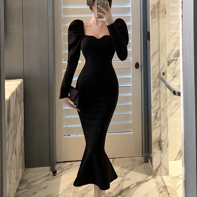 vmtvr - Elegant Mermaid Black Long Dress Women Korean One Piece Vintage Gothic Evening Party Dress Autumn Casual Hepburn Slim Dress 2023