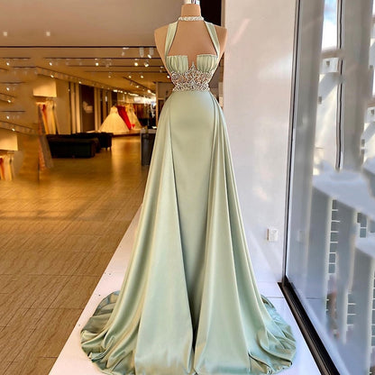 vmtvr Arabic Green Mermaid Evening Dress Elegant Sleeveless Halter Neck Soft Satin Beading Prom Dresses Long Party Gown