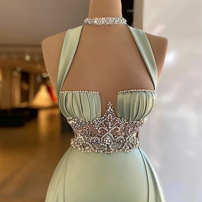 vmtvr Arabic Green Mermaid Evening Dress Elegant Sleeveless Halter Neck Soft Satin Beading Prom Dresses Long Party Gown