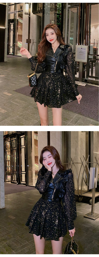 vmtvr - Fashion Korean 2 Piece Outfit Women Y2K Chic Casual Sexy Zipper Vest Tank Coat Sparkly Gold Print Mini Dress Slim Party Club Set