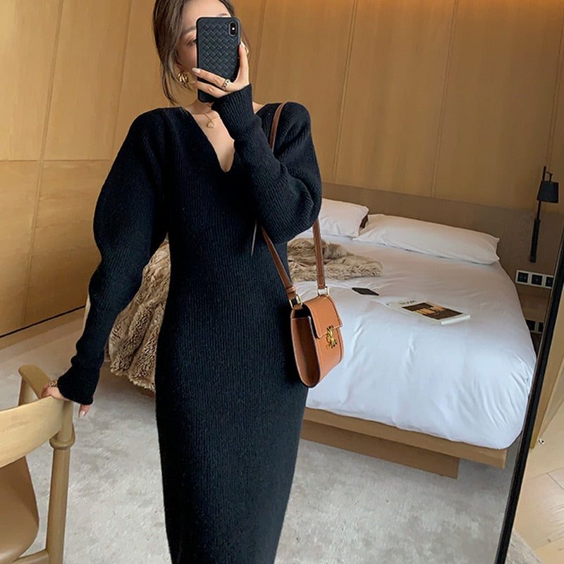 vmtvr - Elegant Long White Knitting Dress Women Winter V-Neck Long Sleeve Bodycon Dress Korean Office Lady High Waist Vintage Dress