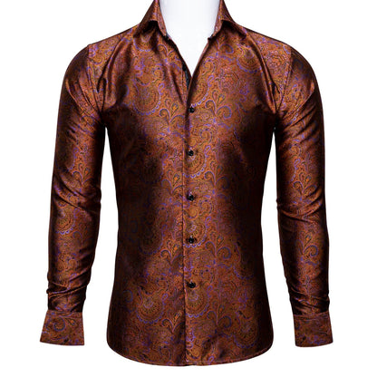 Luxury Red Paisley Silk Shirts Men Long Sleeve Casual Flower Shirts For Men Designer Fit Dress Shirt