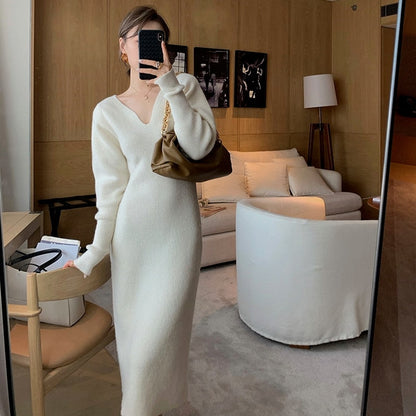 vmtvr - Elegant Long White Knitting Dress Women Winter V-Neck Long Sleeve Bodycon Dress Korean Office Lady High Waist Vintage Dress