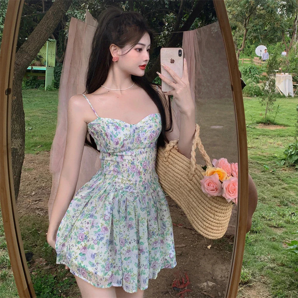 vmtvr Sexy Strap Floral Dress Women Designer Korean Elegant Sweet Mini Dress Sleeveless Chiffon Slim Fairy Party Dress Summer New