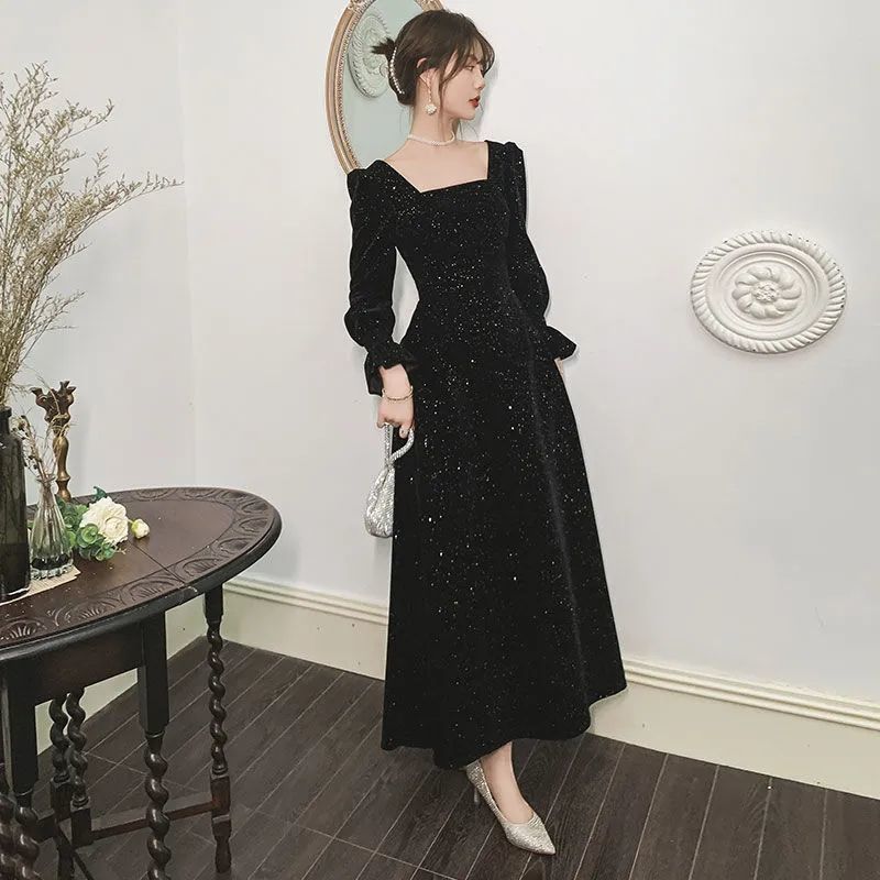 vmtvr - Korean Square Collar Sequins Elegant Velvet Dress Women Flare Long Sleeve Backless Maxi Dress Office Lady High Waist Slim Dress