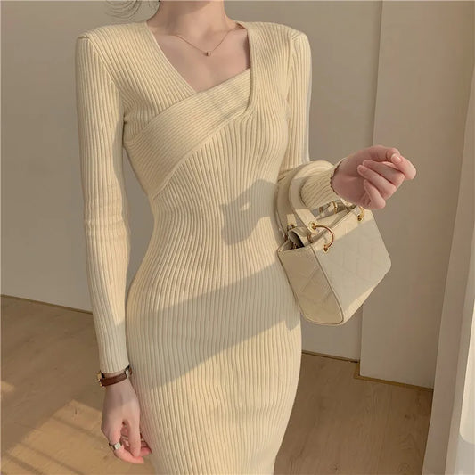 vmtvr Vintage Knitted Dress Women Autumn Long Sleeve Sweater Elegant Party Dress Office Lady Slim Female One-Piece Dress Korean