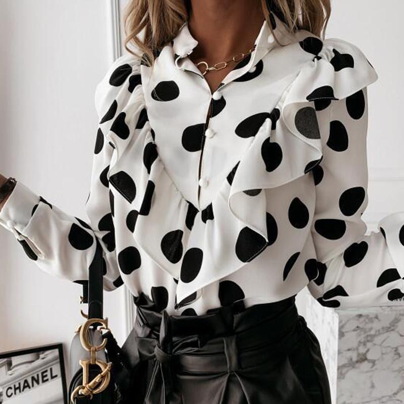 -Fall Outfits Long Sleeve Top  Casual Leopard Dot Print Ruffle Blouse Shirt Autumn Winter Long Sleeve Women Shirts Elegant Office Lady V-Neck Button Tops Blusa