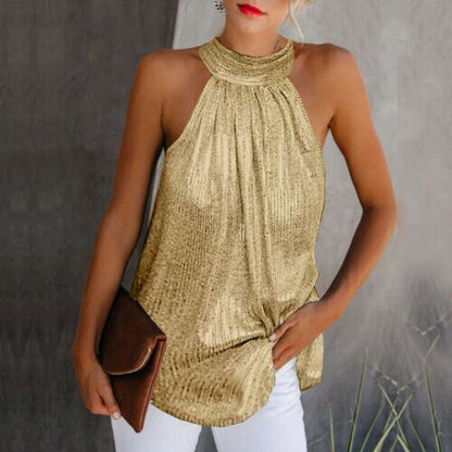 - Women Gold Blouse  New Fashion High Neck Sleeveless Hatler Tank Top Vest Summer Casual Loose Blouse Shirt Tee