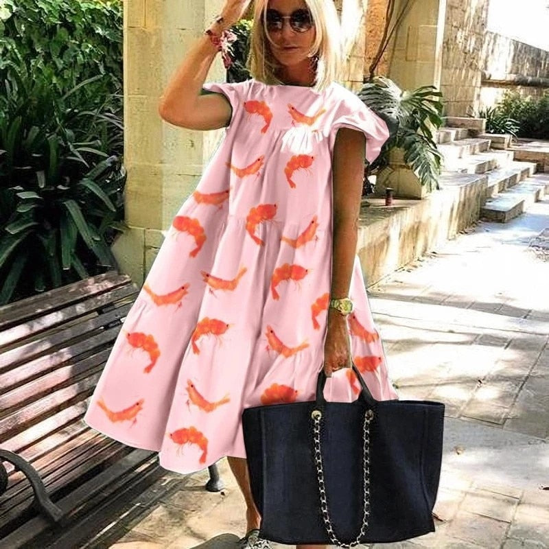 Women Dresses  Summer Shrimp Print Loose Casual Swing Dress Butterfly Short Sleeve Midi Holiday Dress Beach Boho Female Robe