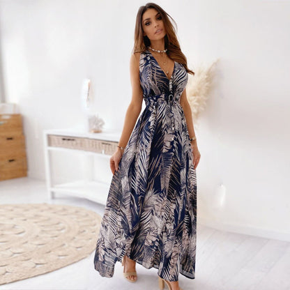 vmtvr - Casual Loose Bohemian Beach Vacation Summer Midi Dress For Women Fashion Print Lace Up Sexy Backless Deep V-neck Maxi Dresses