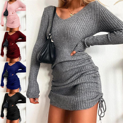 Winter Party Dresses For Women Women&#39;s Dress Knitted Drawstring Sexy Mini Dress Autumn Winter Elegant Fashion V-Neck Long Sleeve Bodycon Party Dresses Female