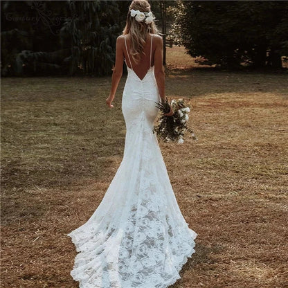 vmtvr - Boho Mermaid Wedding Dresses Spaghetti Straps  Lace Backless Beach Sexy V-Neck Bohemian Bridal Gowns Elegant Vestidos De Noiva