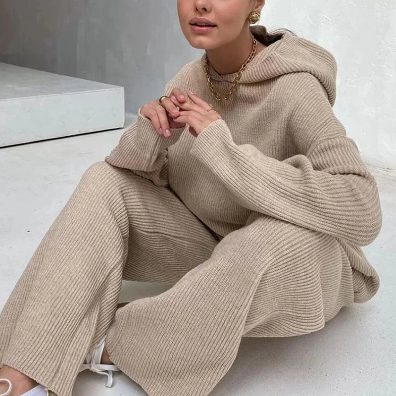 vmtvr Women Solid Knitt Sweater Sets Casual O Neck And Drawstring Wide Leg Pant Suit Autumn Winter Long Sleeve Homewear Loose Outfits