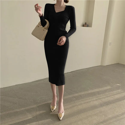 vmtvr Vintage Knitted Dress Women Autumn Long Sleeve Sweater Elegant Party Dress Office Lady Slim Female One-Piece Dress Korean