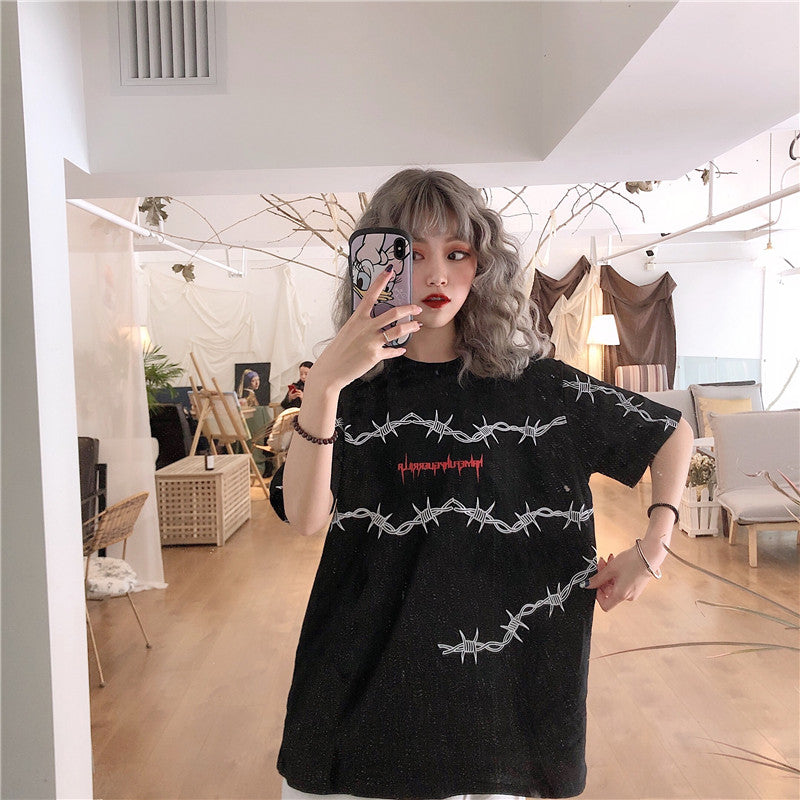 Loose Short Sleeve Unisex Tees Couple Clothes Grunge Tumblr Tops Bf Harajuku Women's T-Shirts Thorns Pattern Streetwear T Shirt