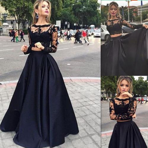 Women Evening Dress Lace Dresses Formal Long  Ball Prom Gown Evening Party Hollow Out Deep V-Neck Long Sleeve New Fashion