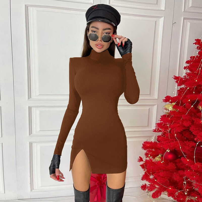 Long Sleeve Bodycon Soild Color Slim Package Hip Mini Dress