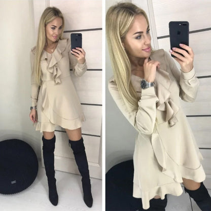 Women Vintage Ruffled Strap A-line Party Dress Long Sleeve Sexy V neck Solid Elegant Casual Mini Dress Autumn Fashion Dress