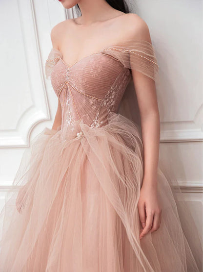 vmtvr  -  PINK TULLE LONG PROM DRESS PINK EVENING DRESS