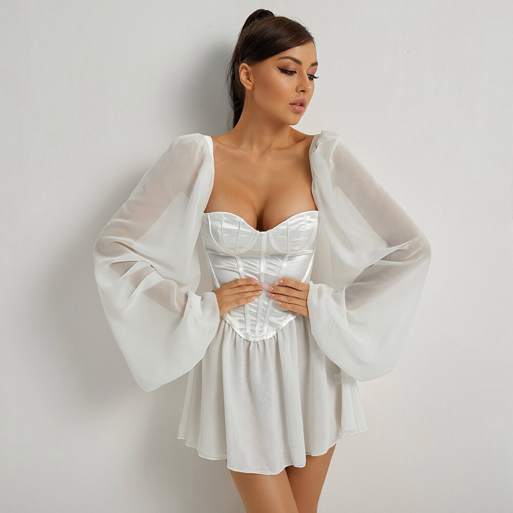 New Ladies Summer White Dress Sexy Wedding Party Wear Chic Chiffon Satin Patchwork Mini Dress Elegant Backless Outfits